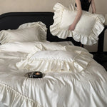 Bedding Set Satin Jacquard Floral Ruffled Edges 4-Piece
