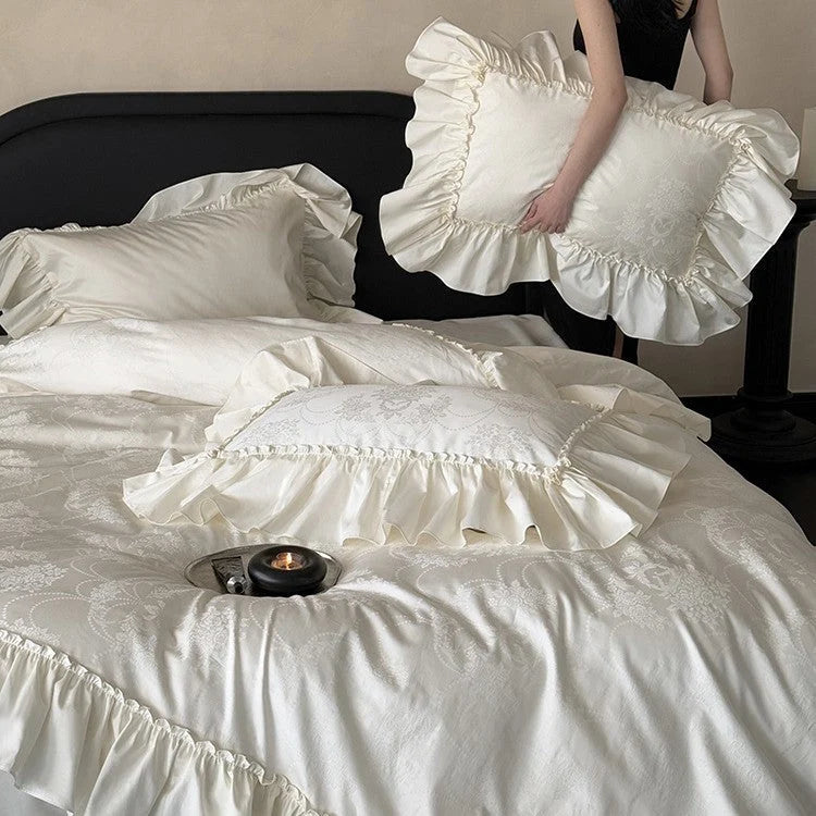 Bedding Set Satin Jacquard Floral Ruffled Edges 4-Piece