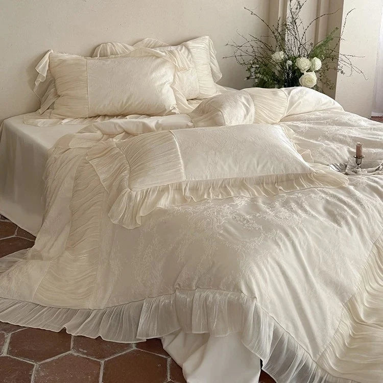 Bedding Set Satin Jacquard Pleated Ruffle Set of 4