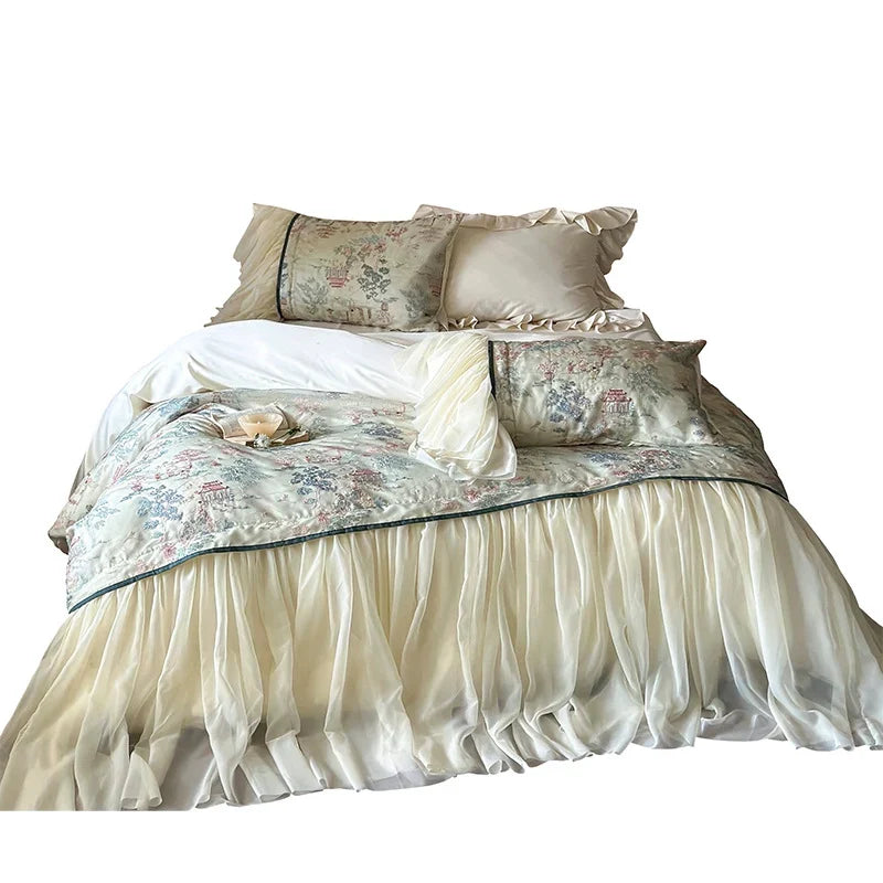 Bedding Set Satin-Like Tencel Cotton Vintage Toile Ruffled Skirt