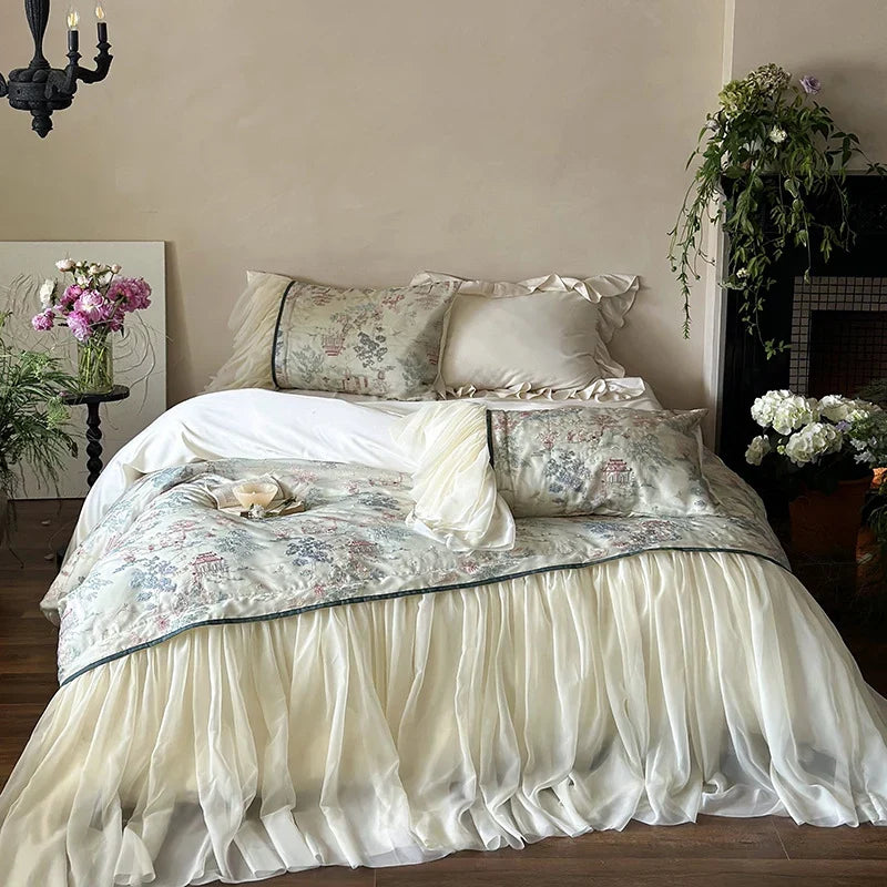 Bedding Set Satin-Like Tencel Cotton Vintage Toile Ruffled Skirt