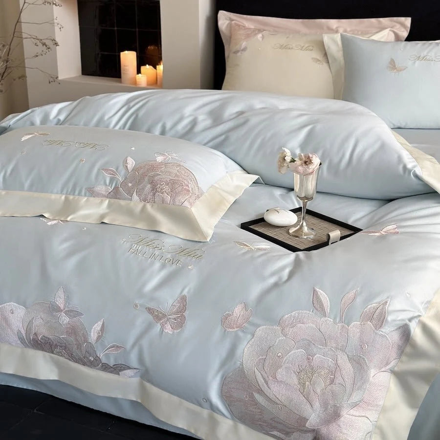 Bedding Set Satin Rose & Butterfly Embroidery