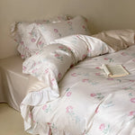 Bedding Set Satin Rose Pattern Ruffled Hem 4-Piece Set