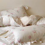 Bedding Set Satin Rose Pattern Ruffled Hem 4-Piece Set