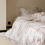 Bedding Set Satin Rose Pattern Ruffled Hem 4-Piece Set