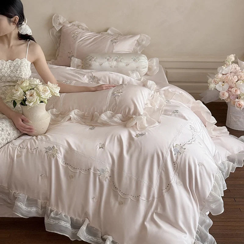 Bedding Set Satin Ruffled Trim & Floral Embroidery 4-Piece