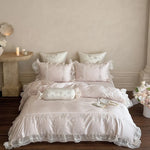 Bedding Set Satin Ruffled Trim & Floral Embroidery 4-Piece