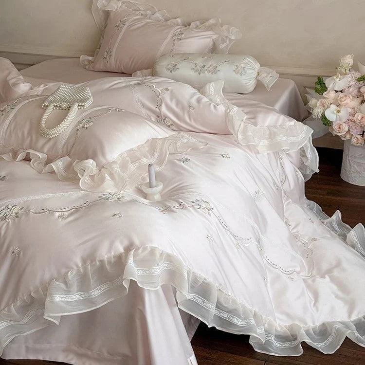 Bedding Set Satin Ruffled Trim & Floral Embroidery 4-Piece