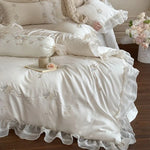 Bedding Set Satin Ruffled Trim & Floral Embroidery 4-Piece
