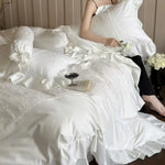 Bedding Set Satin Ruffles Lace Trim & Embroidery