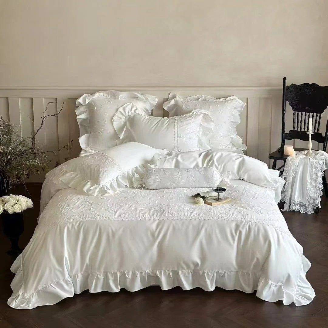 Bedding Set Satin Ruffles Lace Trim & Embroidery