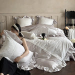 Bedding Set Satin Ruffles Lace Trim & Embroidery