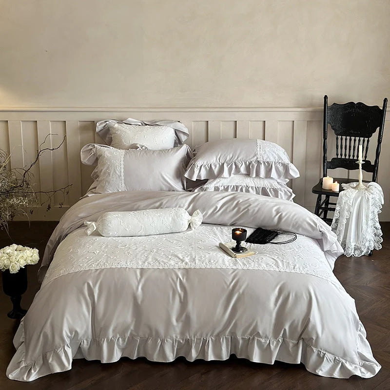 Bedding Set Satin Ruffles Lace Trim & Embroidery