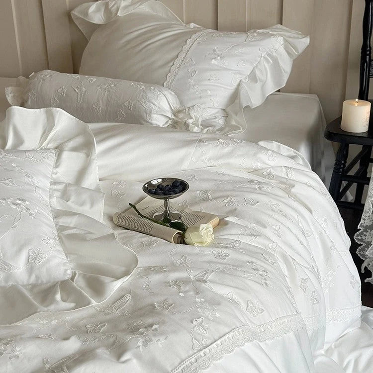 Bedding Set Satin Ruffles Lace Trim & Embroidery