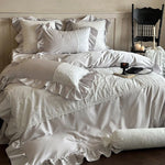 Bedding Set Satin Ruffles Lace Trim & Embroidery