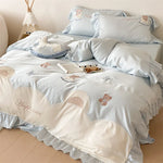 Bedding Set Satin Teddy Bear Appliqués Ruffled Border