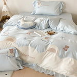 Bedding Set Satin Teddy Bear Appliqués Ruffled Border