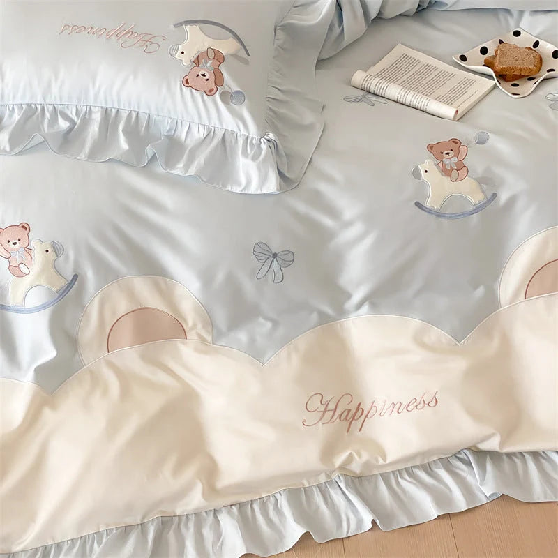 Bedding Set Satin Teddy Bear Appliqués Ruffled Border