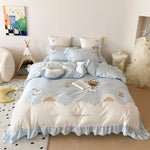 Bedding Set Satin Teddy Bear Appliqués Ruffled Border
