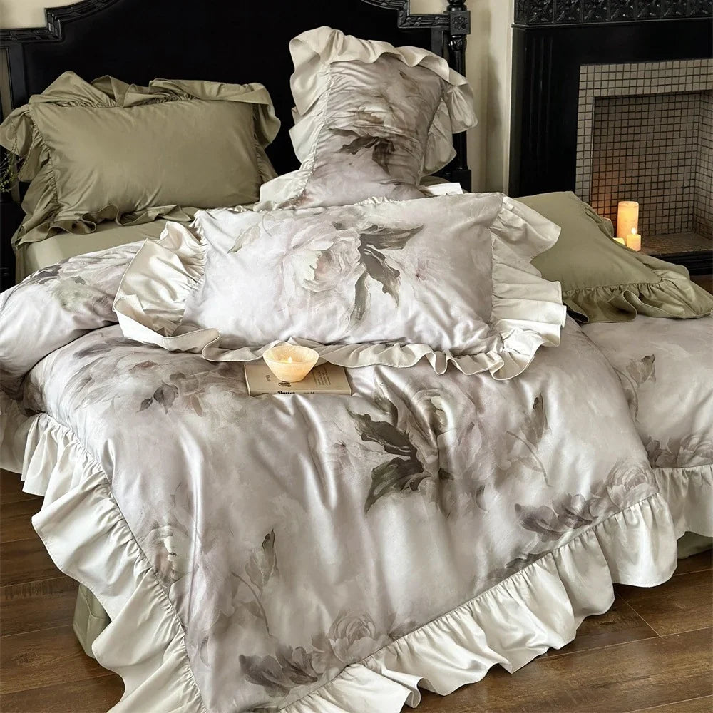 Bedding Set Satin Temperature-Regulating Watercolor Floral & Ruffled Edges