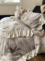 Bedding Set Satin Temperature-Regulating Watercolor Floral & Ruffled Edges