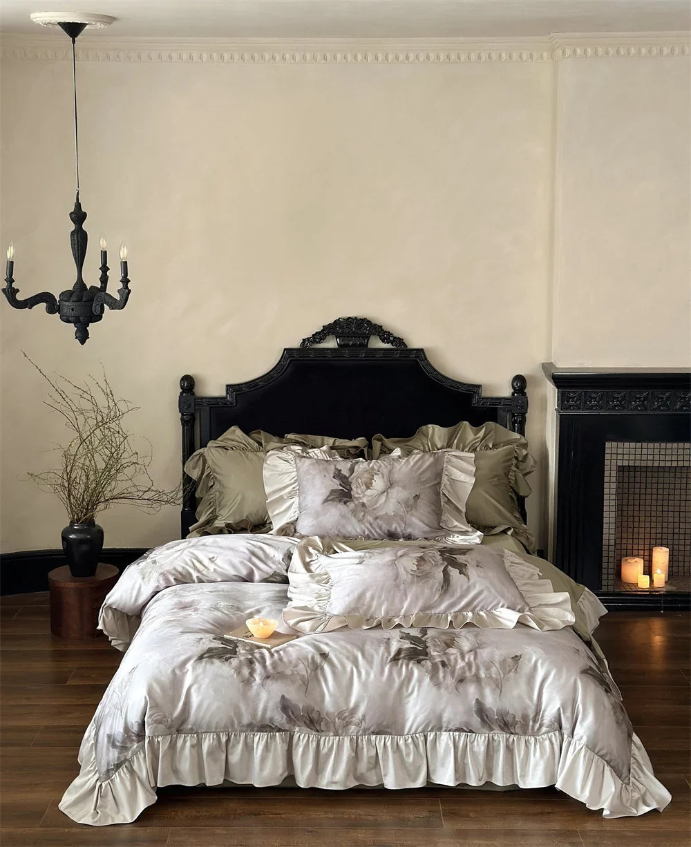 Bedding Set Satin Temperature-Regulating Watercolor Floral & Ruffled Edges