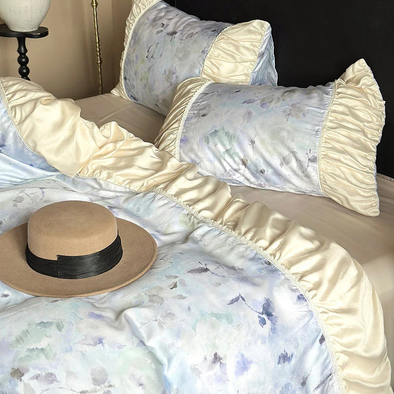 Bedding Set Satin Watercolor Floral Ruffled Pillowcases 4-Piece Set