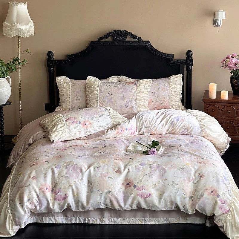 Bedding Set Satin Watercolor Floral Ruffled Pillowcases 4-Piece Set