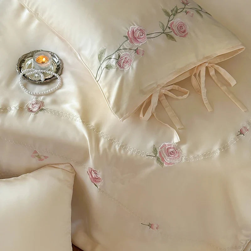 Bedding Set Silk-Soft Satin Embroidered Rose Vine & Butterfly Pillow