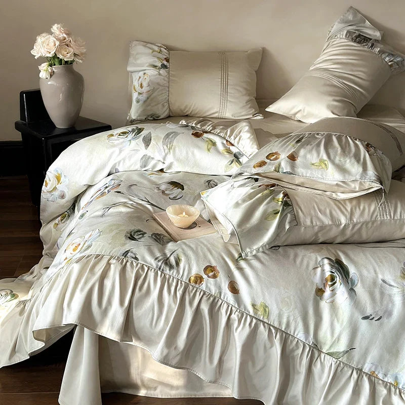 Bedding Set Silky Cotton Satin Floral Ruffle 4-Piece