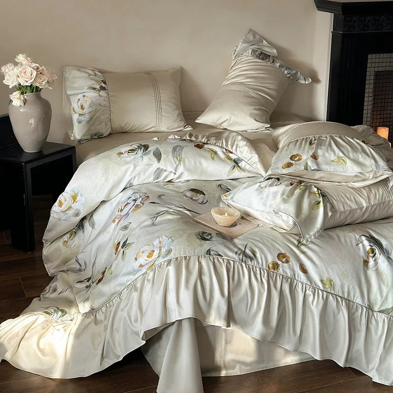 Bedding Set Silky Cotton Satin Floral Ruffle 4-Piece
