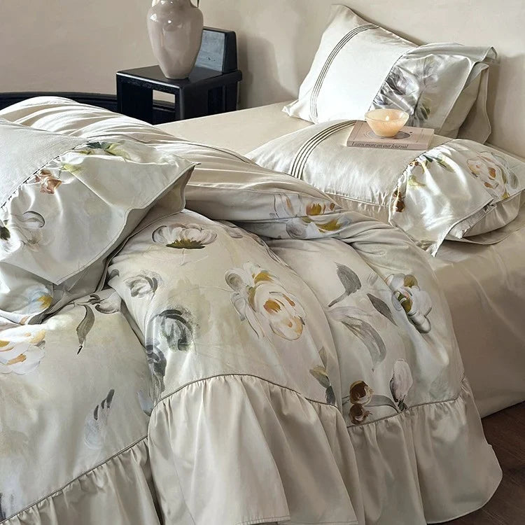 Bedding Set Silky Cotton Satin Floral Ruffle 4-Piece