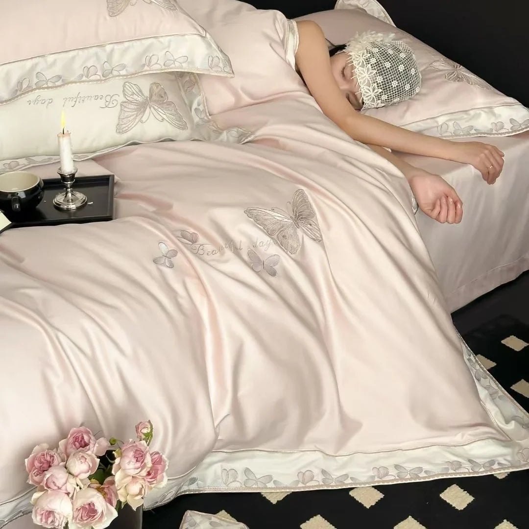 Bedding Set Silky Matte Satin Embroidered Set of 4