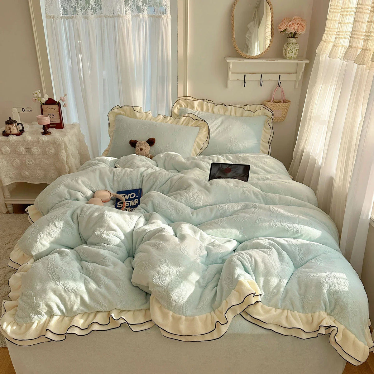 Bedding Set Silky Milk Fiber Double-Layer Lace Edge