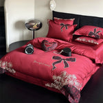 Bedding Set Silky Satin All-Season Rose & Bow Embroidery