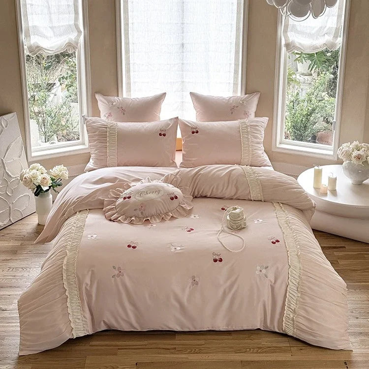 Bedding Set Silky Satin Cherry Embroidery 4-Piece