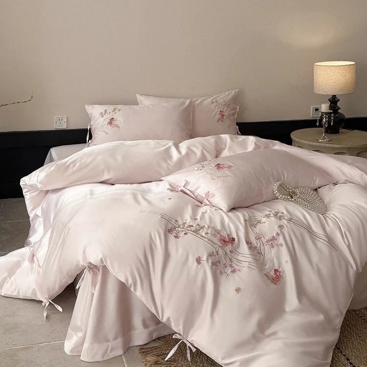 Bedding Set Silky Satin Floral Embroidery & Ribbon Ties
