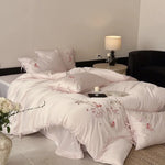 Bedding Set Silky Satin Floral Embroidery & Ribbon Ties