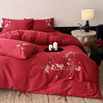 Bedding Set Silky Satin Floral Embroidery & Ribbon Ties