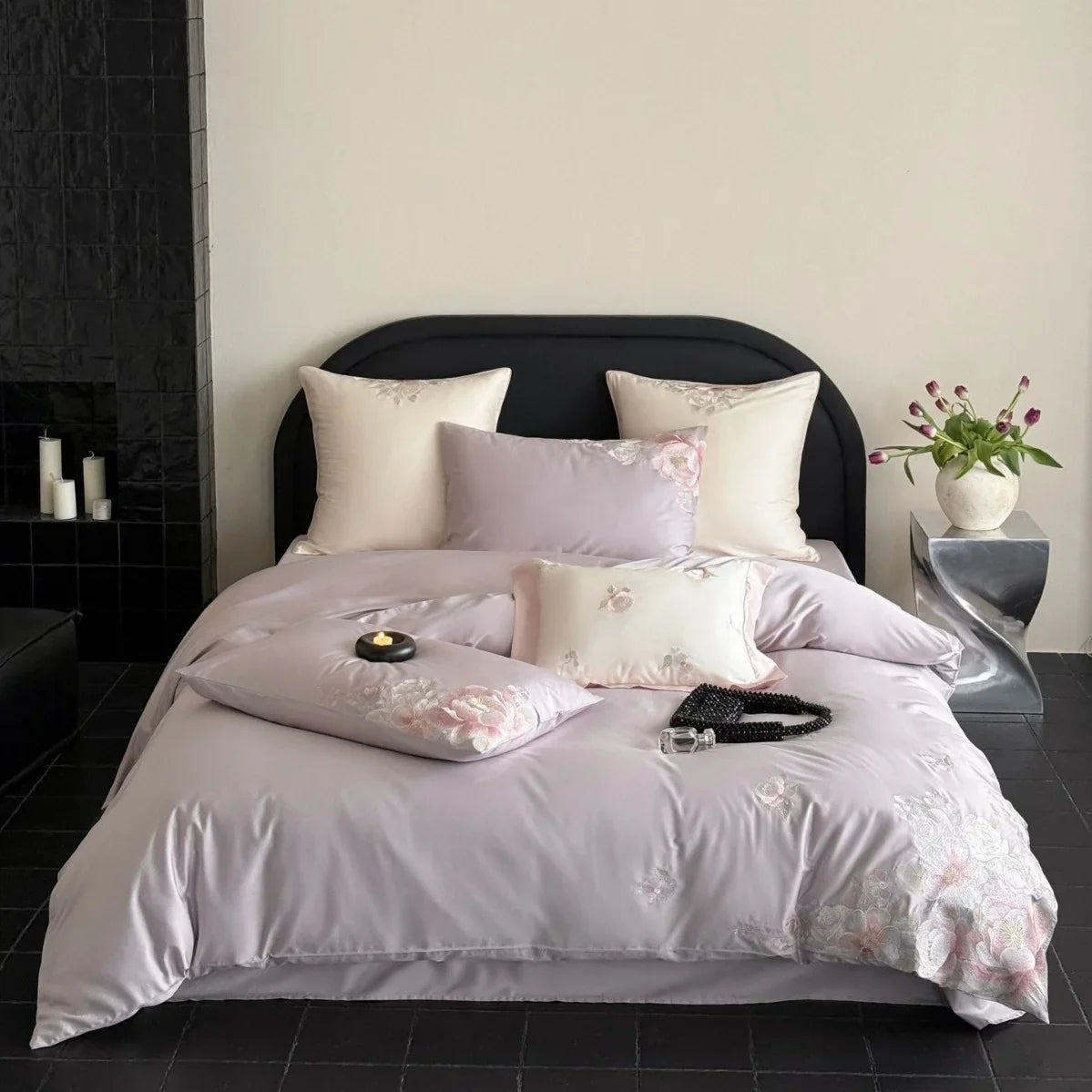 Bedding Set Silky Satin Floral Relief 4 Piece