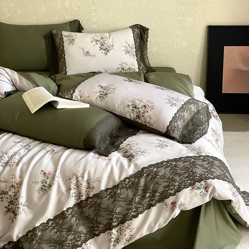 Bedding Set Silky Satin Reversible Floral & Lace