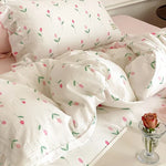 Bedding Set Soft Breathable Cotton Floral Ruffle Concealed Zipper