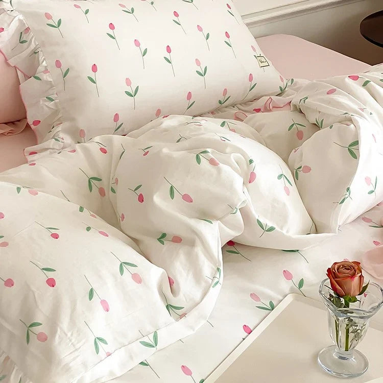 Bedding Set Soft Breathable Cotton Floral Ruffle Concealed Zipper