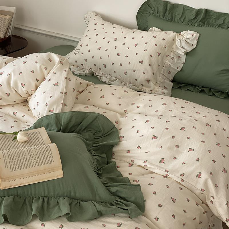 Bedding Set Soft Breathable Cotton Floral Ruffle Concealed Zipper