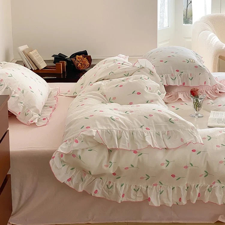 Bedding Set Soft Breathable Cotton Floral Ruffle Concealed Zipper