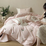 Bedding Set Soft Breathable Cotton Rose Embroidery & Ruffle Trim