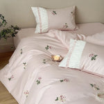 Bedding Set Soft Breathable Cotton Rose Embroidery & Ruffle Trim