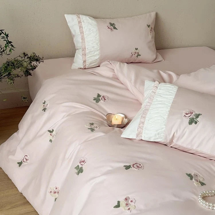 Bedding Set Soft Breathable Cotton Rose Embroidery & Ruffle Trim