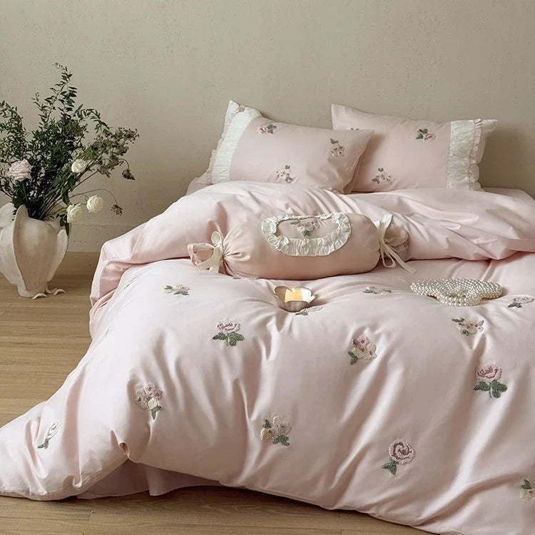 Bedding Set Soft Breathable Cotton Rose Embroidery & Ruffle Trim