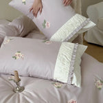 Bedding Set Soft Breathable Cotton Rose Embroidery & Ruffle Trim